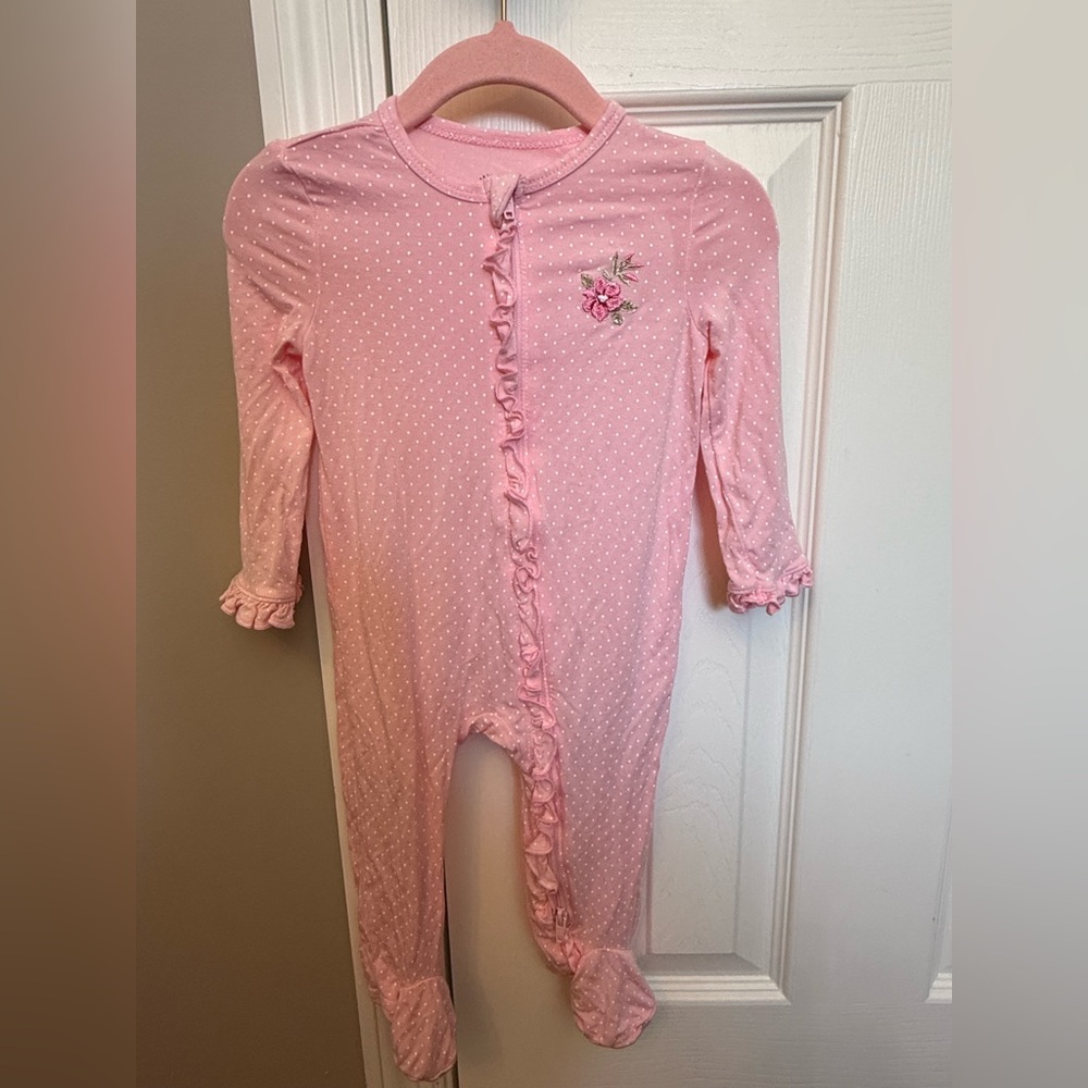 Little Me Pink Polka Dot Ruffle Footie with Floral Accent